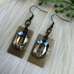 Rectangle faceted rhinestones brass tone earrings